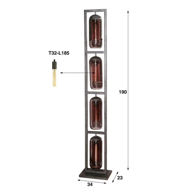 Smoked Glass Floor Lamp 4 Mouth-Blown Shades Copper Mesh H190cm