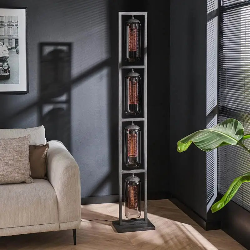 Smoked Glass Floor Lamp 4 Mouth-Blown Shades Copper Mesh H190cm