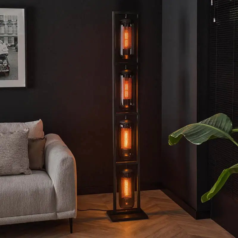 Smoked Glass Floor Lamp 4 Mouth-Blown Shades Copper Mesh H190cm