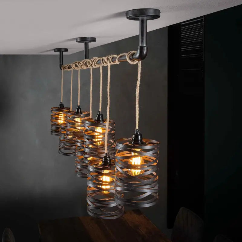 Industrial Twist Pendant Light 7 Grey Metal Shades Jute Rope E27 W157cm