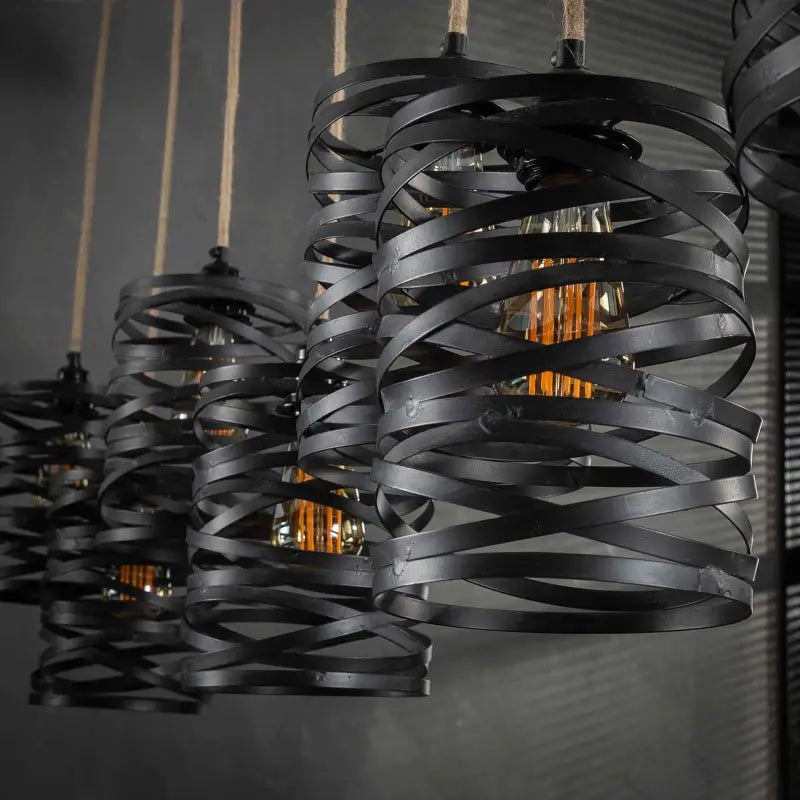 Industrial Twist Pendant Light 7 Grey Metal Shades Jute Rope E27 W157cm