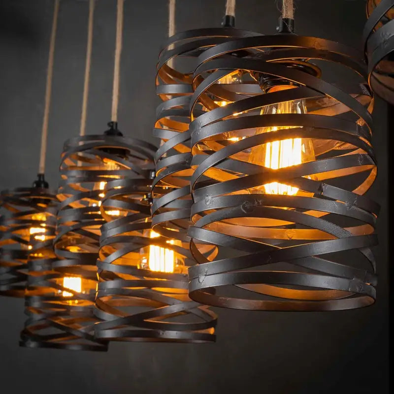 Industrial Twist Pendant Light 7 Grey Metal Shades Jute Rope E27 W157cm
