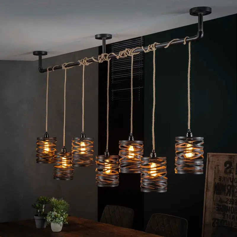 Industrial Twist Pendant Light 7 Grey Metal Shades Jute Rope E27 W157cm