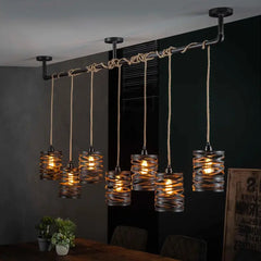 Industrial Twist Pendant Light 7 Grey Metal Shades Jute Rope E27 W157cm
