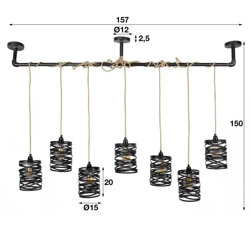 Industrial Twist Pendant Light 7 Grey Metal Shades Jute Rope E27 W157cm