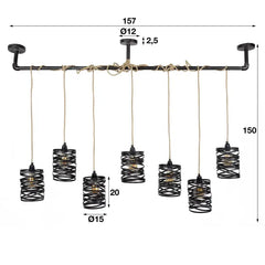 Industrial Twist Pendant Light 7 Grey Metal Shades Jute Rope E27 W157cm