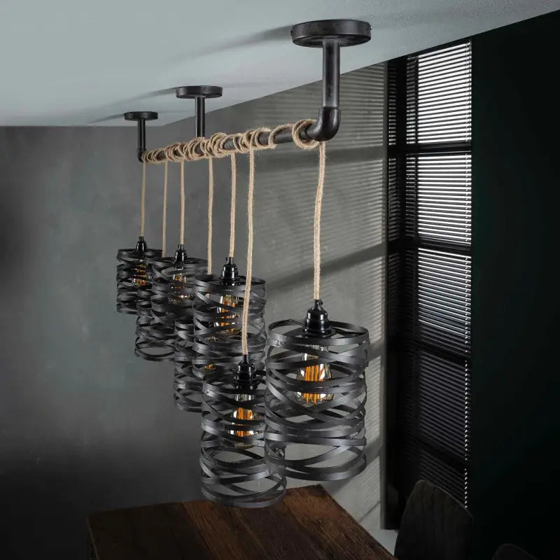 Industrial Twist Pendant Light 7 Grey Metal Shades Jute Rope E27 W157cm