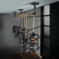 Industrial Twist Pendant Light 7 Grey Metal Shades Jute Rope E27 W157cm