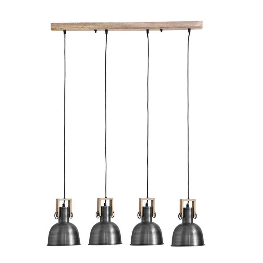 Brushed Steel Chandelier Natural Wood Base 4×E27 90cm
