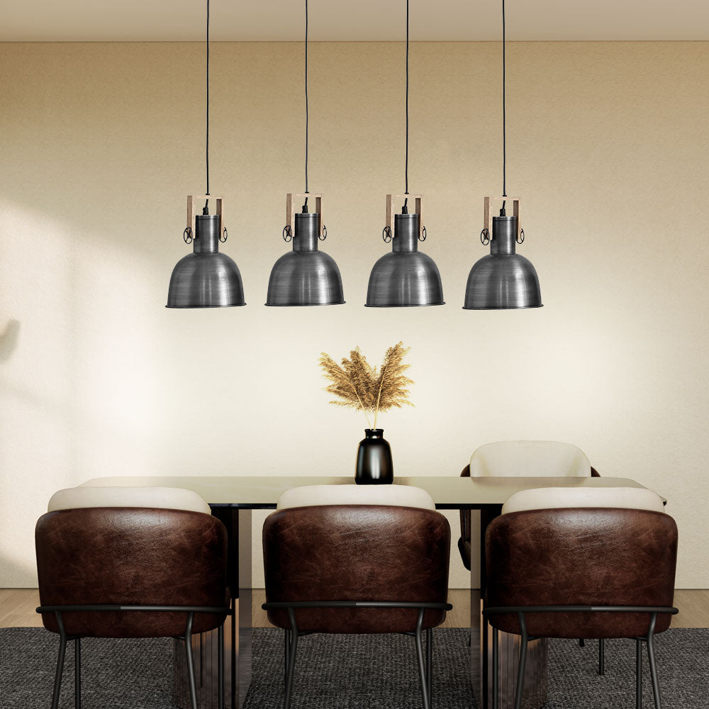 Brushed Steel Chandelier Natural Wood Base 4×E27 90cm