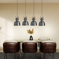 Brushed Steel Chandelier Natural Wood Base 4×E27 90cm