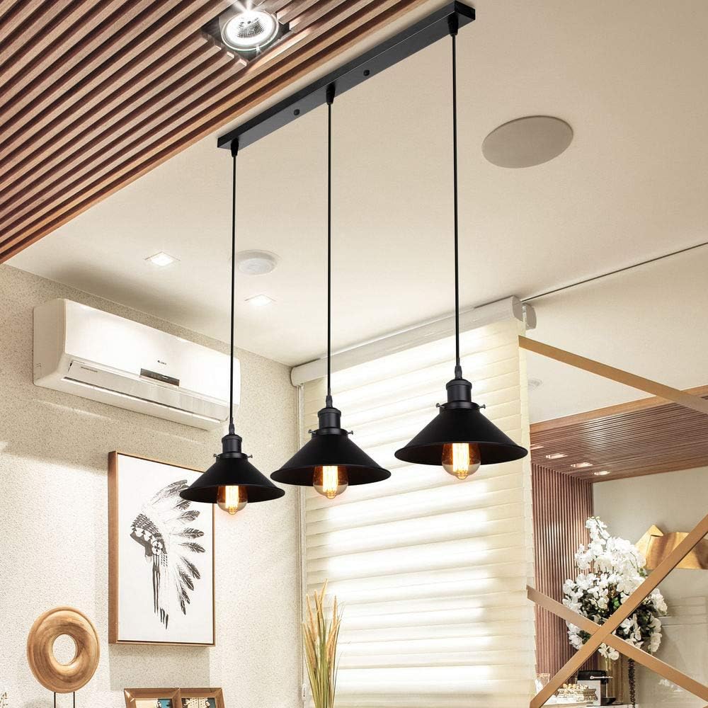 Black Steel Chandelier Conical Shades E27 Matte Black Iron