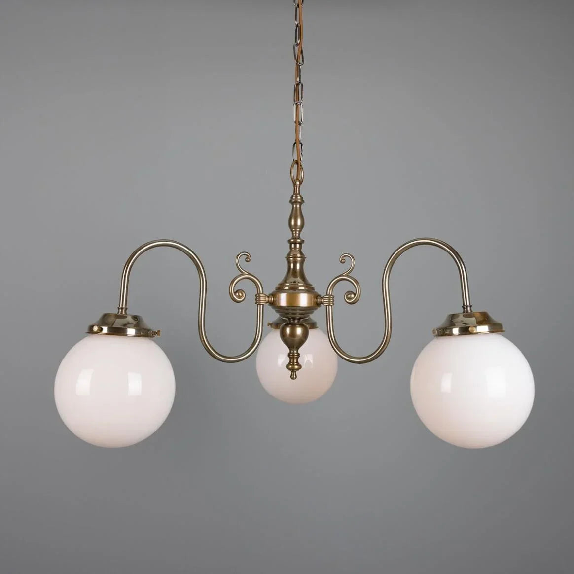 Three-Light Brass Chandelier with Opal Glass Globes, Ø85cm