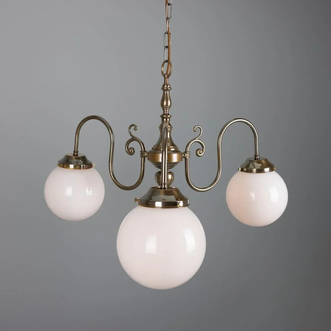 Three-Light Brass Chandelier with Opal Glass Globes, Ø85cm