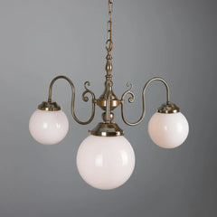 Three-Light Brass Chandelier with Opal Glass Globes, Ø85cm