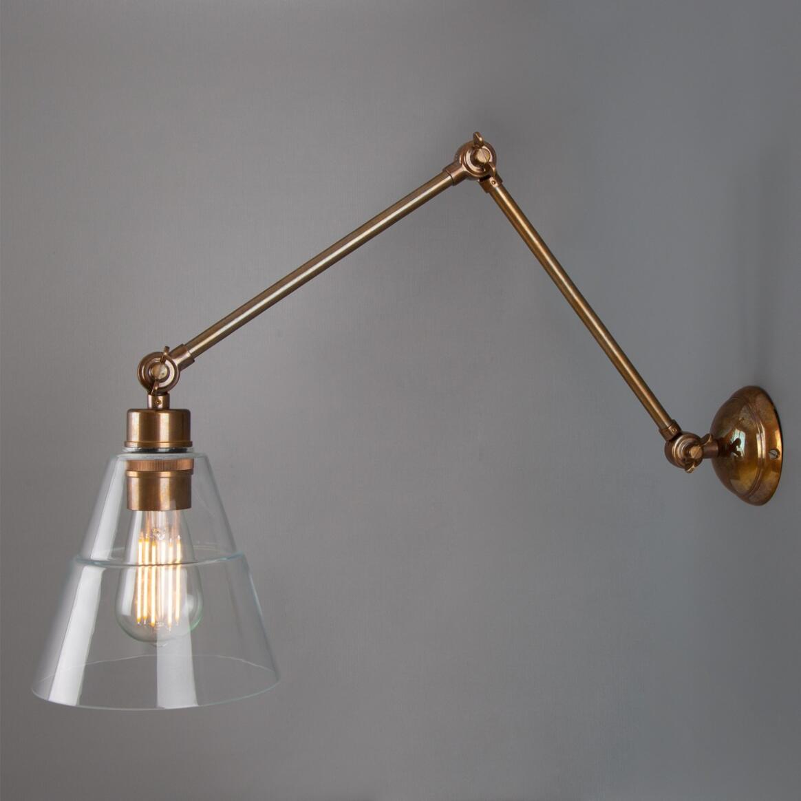 Adjustable Arm Wall Light Clear Glass Cone 3 Pivots E27 73cm Reach