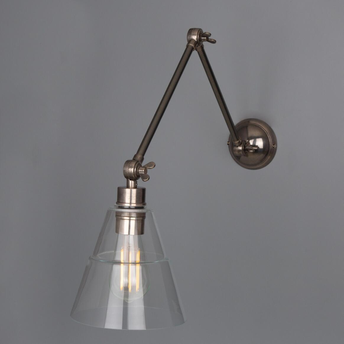 Adjustable Arm Wall Light Clear Glass Cone 3 Pivots E27 73cm Reach