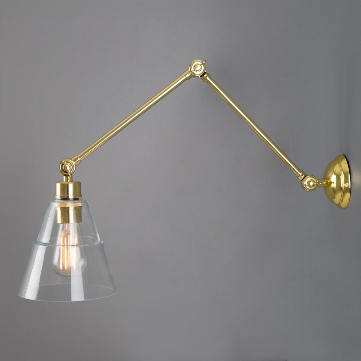 Adjustable Arm Wall Light Clear Glass Cone 3 Pivots E27 73cm Reach
