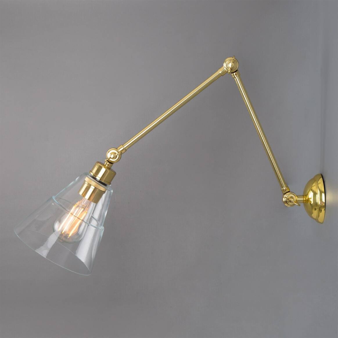 Adjustable Arm Wall Light Clear Glass Cone 3 Pivots E27 73cm Reach