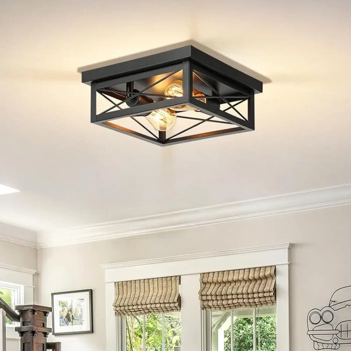 Industrial Black Square Metal Ceiling Light E27 — 2-Light 25cm