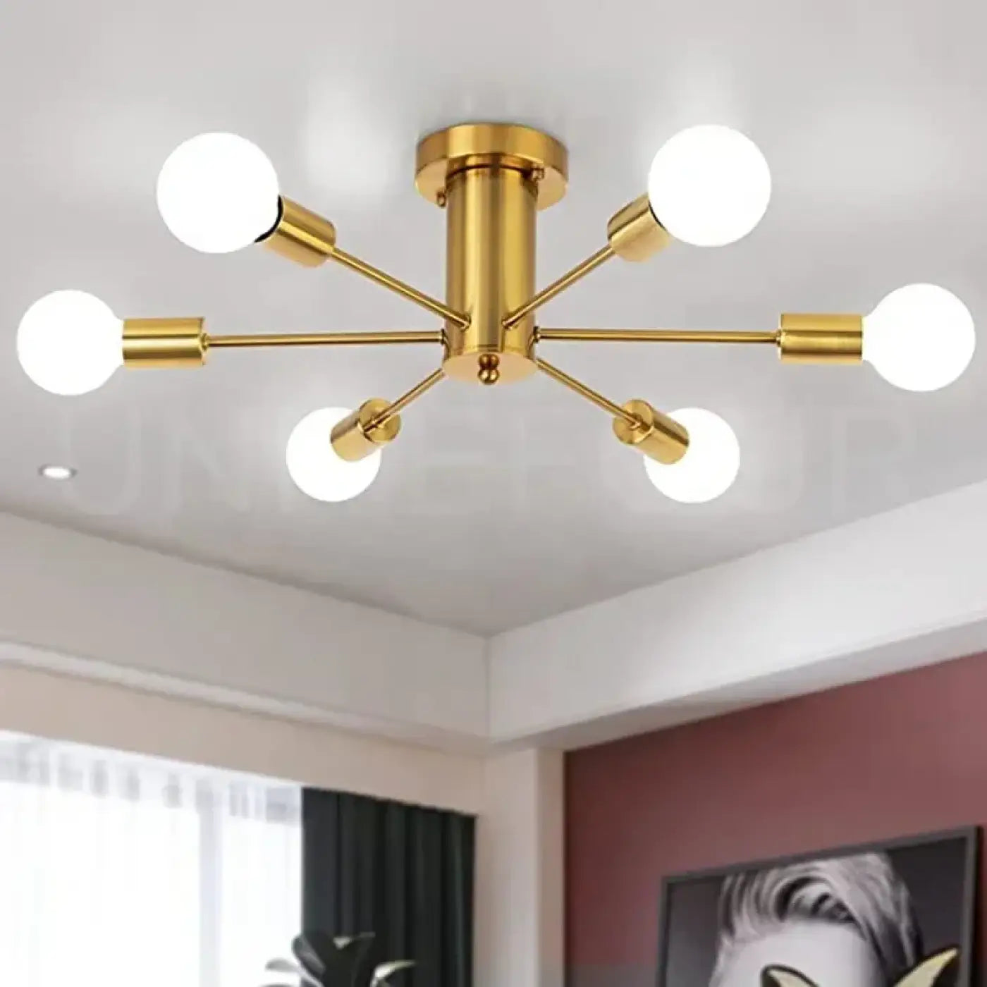 Industrial Ceiling Light 6-Arm Exposed Bulbs E26 Black Gold