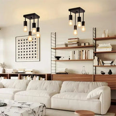 Industrial Vintage Ceiling Light Black Metal Glass E27 4-Light