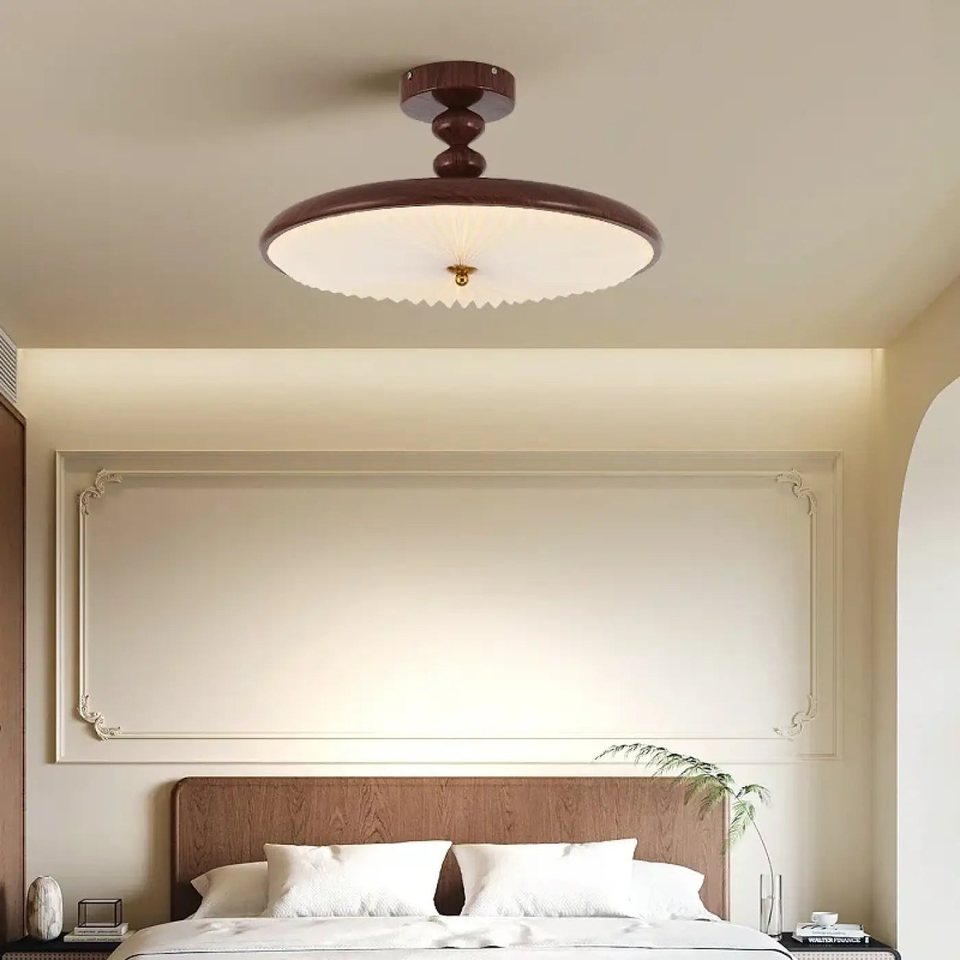 Vintage Pleated Glass Wood Ceiling Light E27 IP65 — Dimmable, SØ40cm or MØ50cm