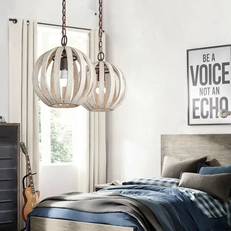 Rustic Cage Pendant Light Wood & Metal E27