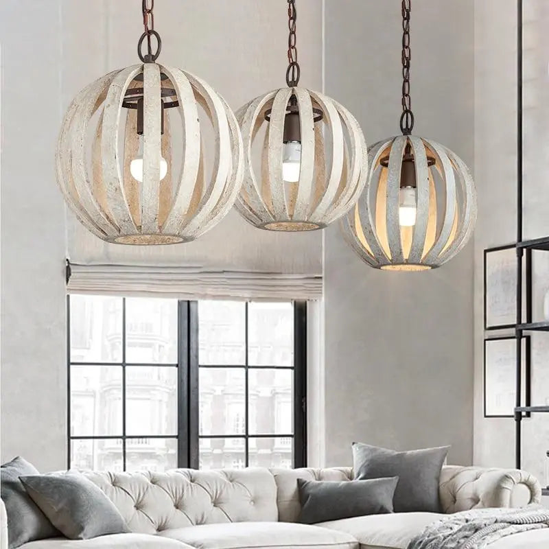 Rustic Cage Pendant Light Wood & Metal E27