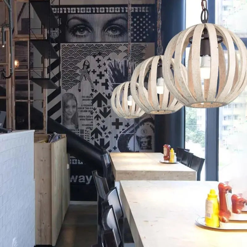 Rustic Cage Pendant Light Wood & Metal E27