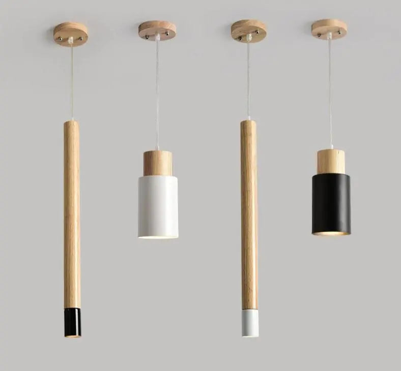 Nordic Long Wooden Pendant Light E27 Metal Black White Small Large
