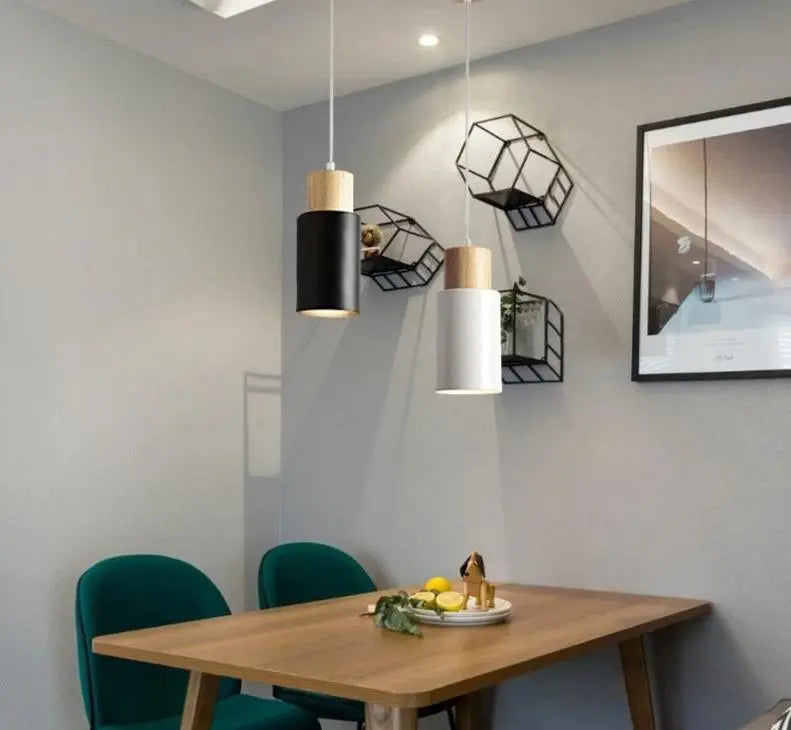 Nordic Long Wooden Pendant Light E27 Metal Black White Small Large