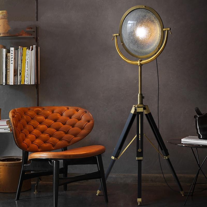 Industrial Cinema Spotlight Floor Lamp, E27, Bronze, Exposed Cage & Pulley
