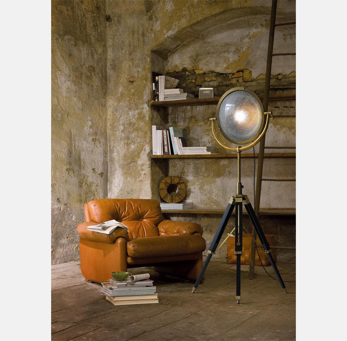 Industrial Cinema Spotlight Floor Lamp, E27, Bronze, Exposed Cage & Pulley
