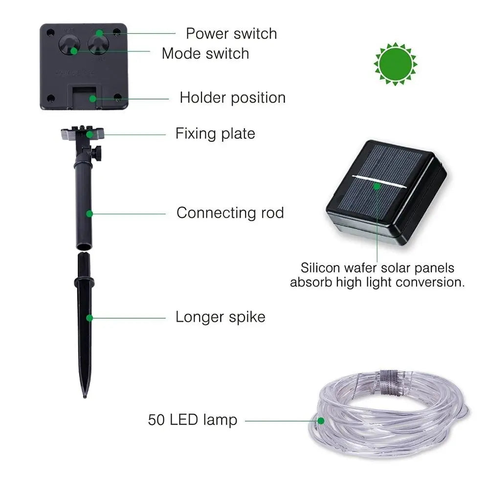 Solar Tube String Lights, IP44, 14h, 5 Colours, 7–22m