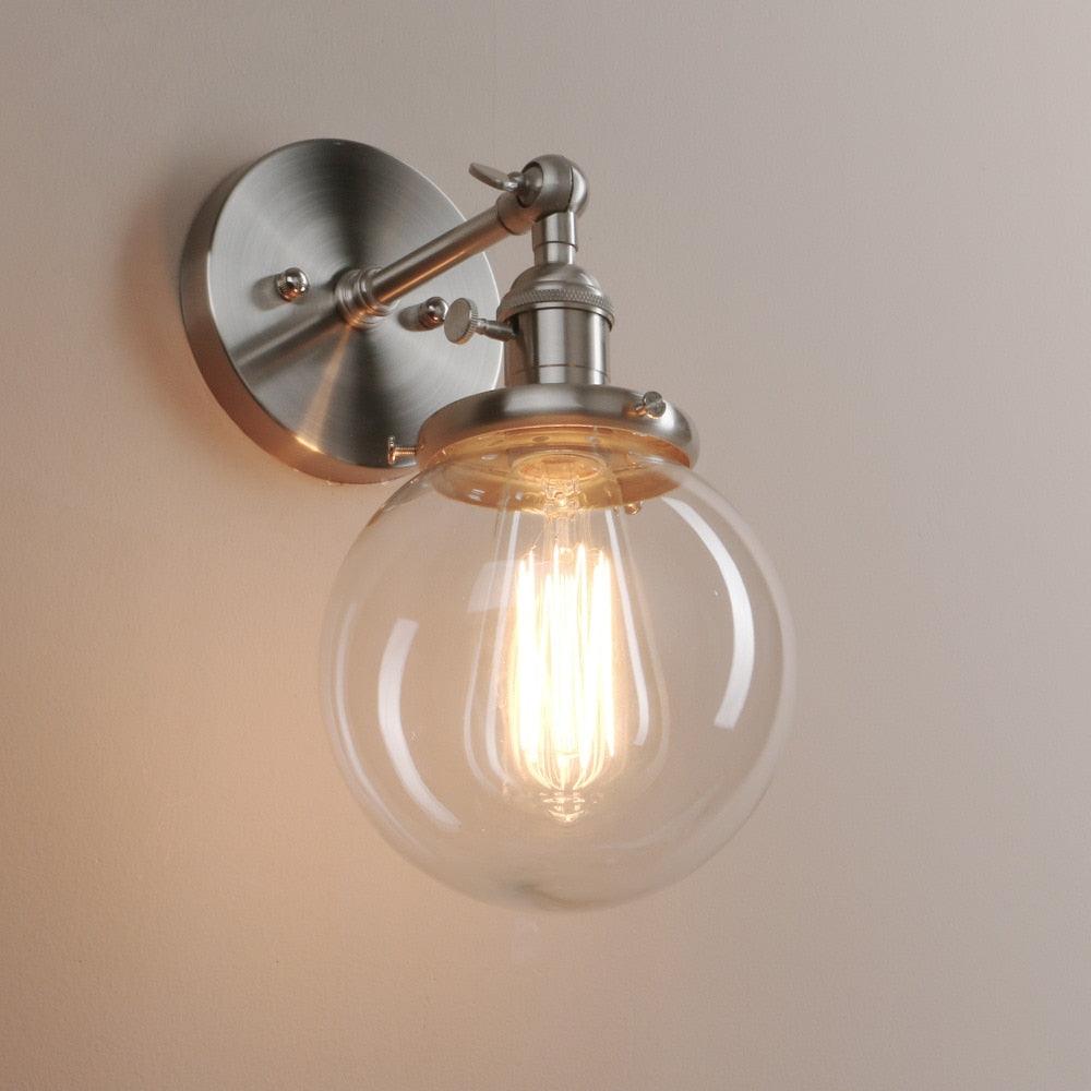 Brushed Aluminium Wall Light Hand-Blown Glass E27 180° Arm Socket Switch