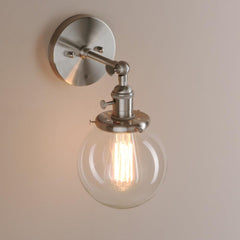 Brushed Aluminium Wall Light Hand-Blown Glass E27 180° Arm Socket Switch