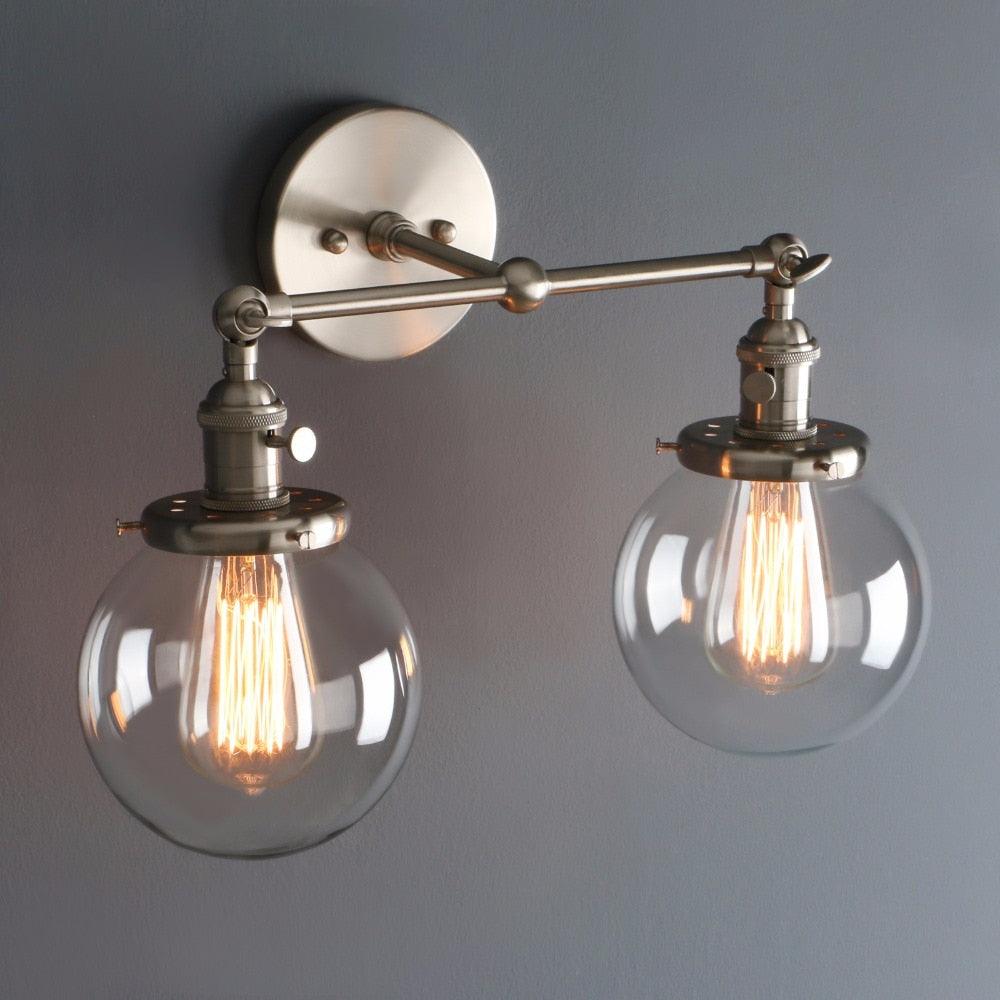 Industrial Double Wall Light Black Metal Glass 2×E27