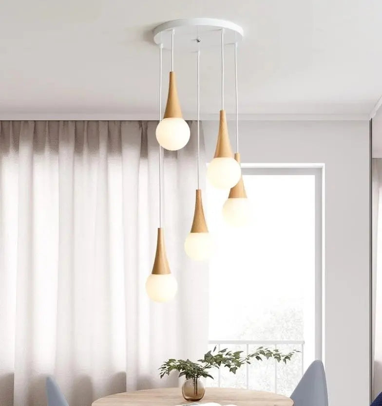 Bryton LED Pendant Light Set Iron Wood Glass 3 or 5