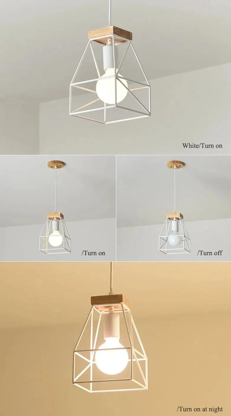 Vintage Cage Pendant Light Wood Iron E27 Small or Large