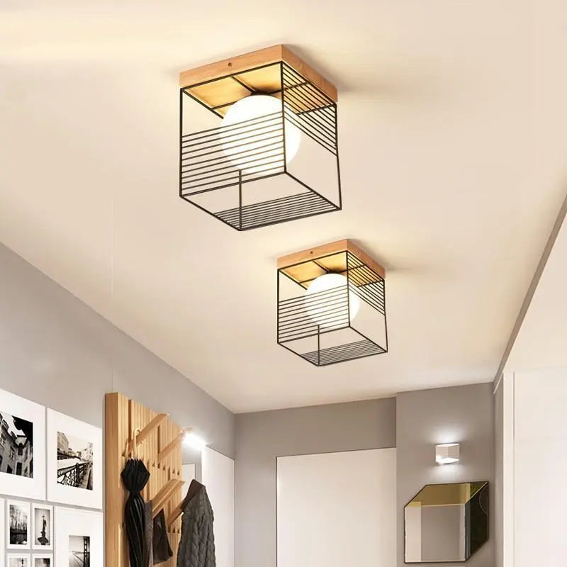 Vintage Cage Ceiling Light Metal Wood E27 Black White 18 cm