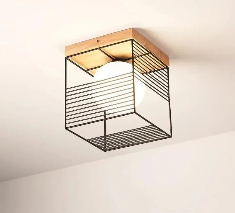 Vintage Cage Ceiling Light Metal Wood E27 Black White 18 cm