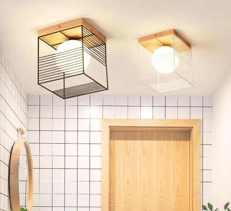 Vintage Cage Ceiling Light Metal Wood E27 Black White 18 cm