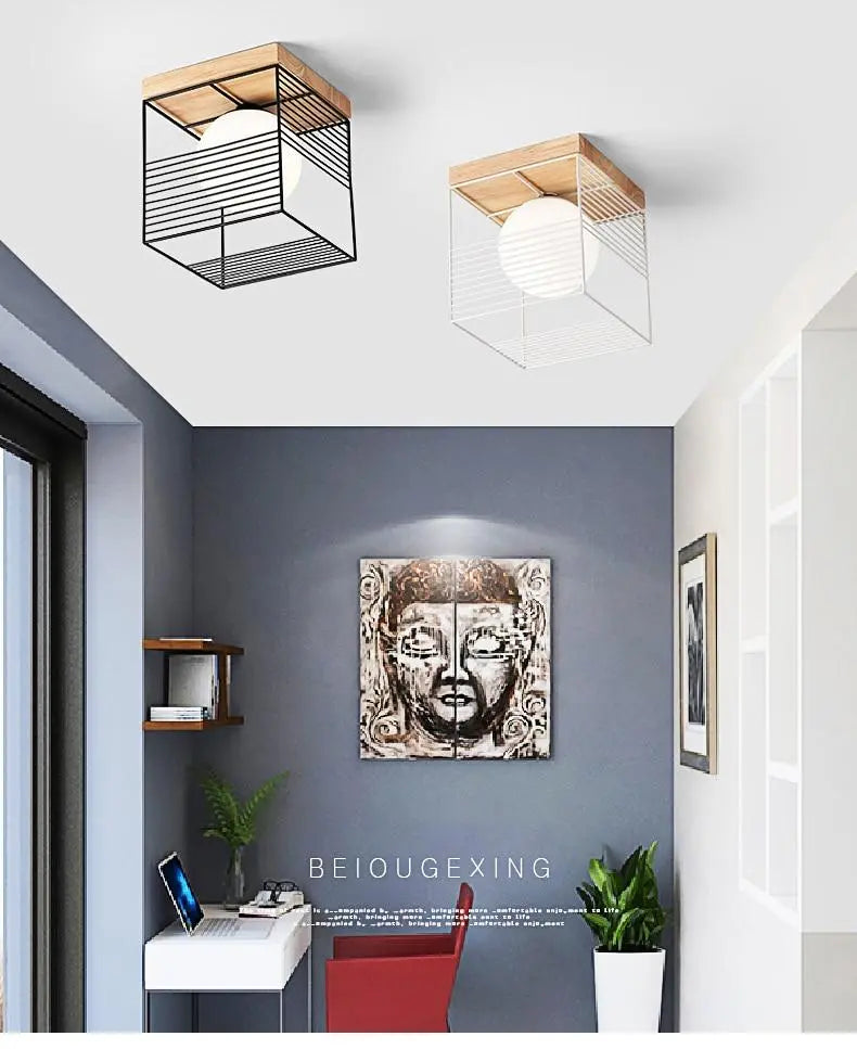 Vintage Cage Ceiling Light Metal Wood E27 Black White 18 cm