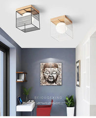 Vintage Cage Ceiling Light Metal Wood E27 Black White 18 cm