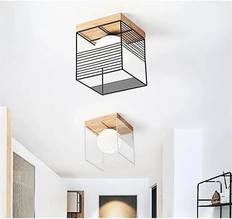 Vintage Cage Ceiling Light Metal Wood E27 Black White 18 cm