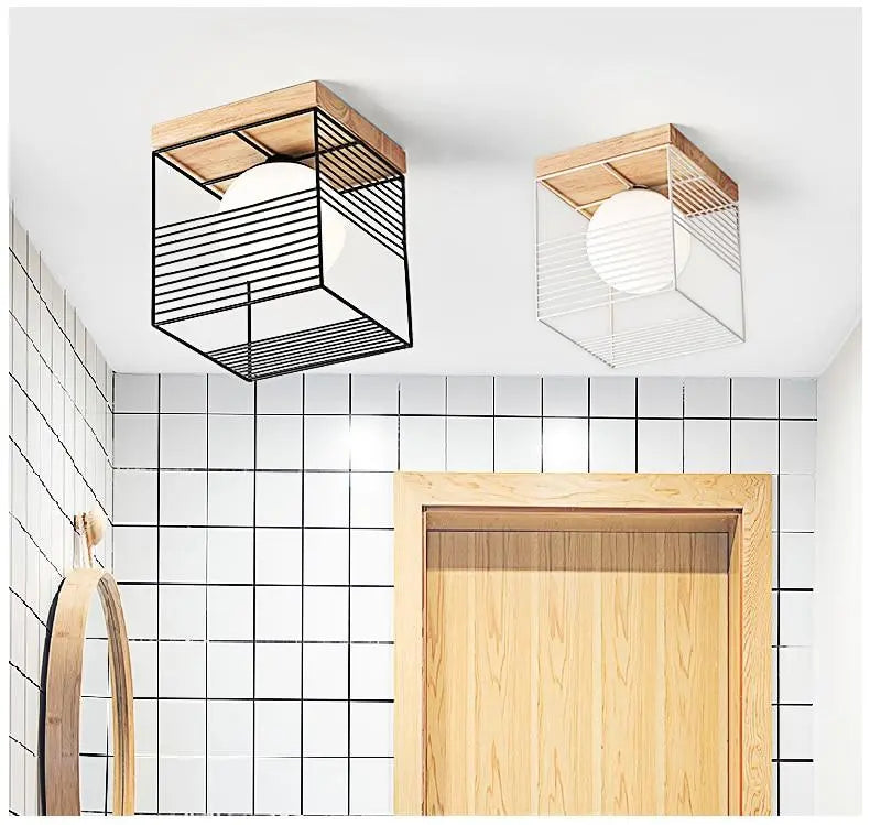 Vintage Cage Ceiling Light Metal Wood E27 Black White 18 cm