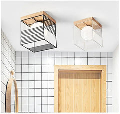 Vintage Cage Ceiling Light Metal Wood E27 Black White 18 cm