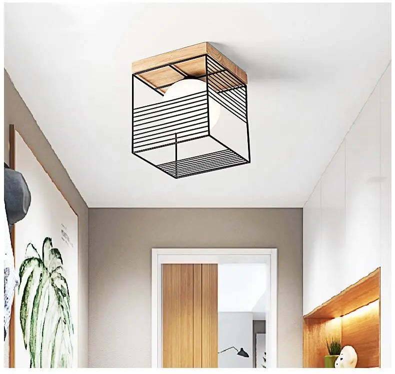 Vintage Cage Ceiling Light Metal Wood E27 Black White 18 cm