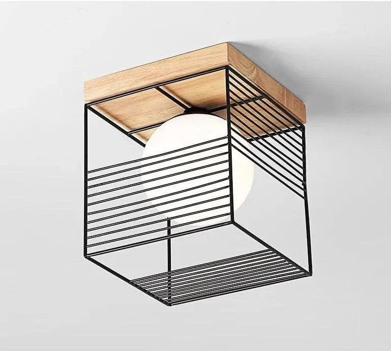 Vintage Cage Ceiling Light Metal Wood E27 Black White 18 cm